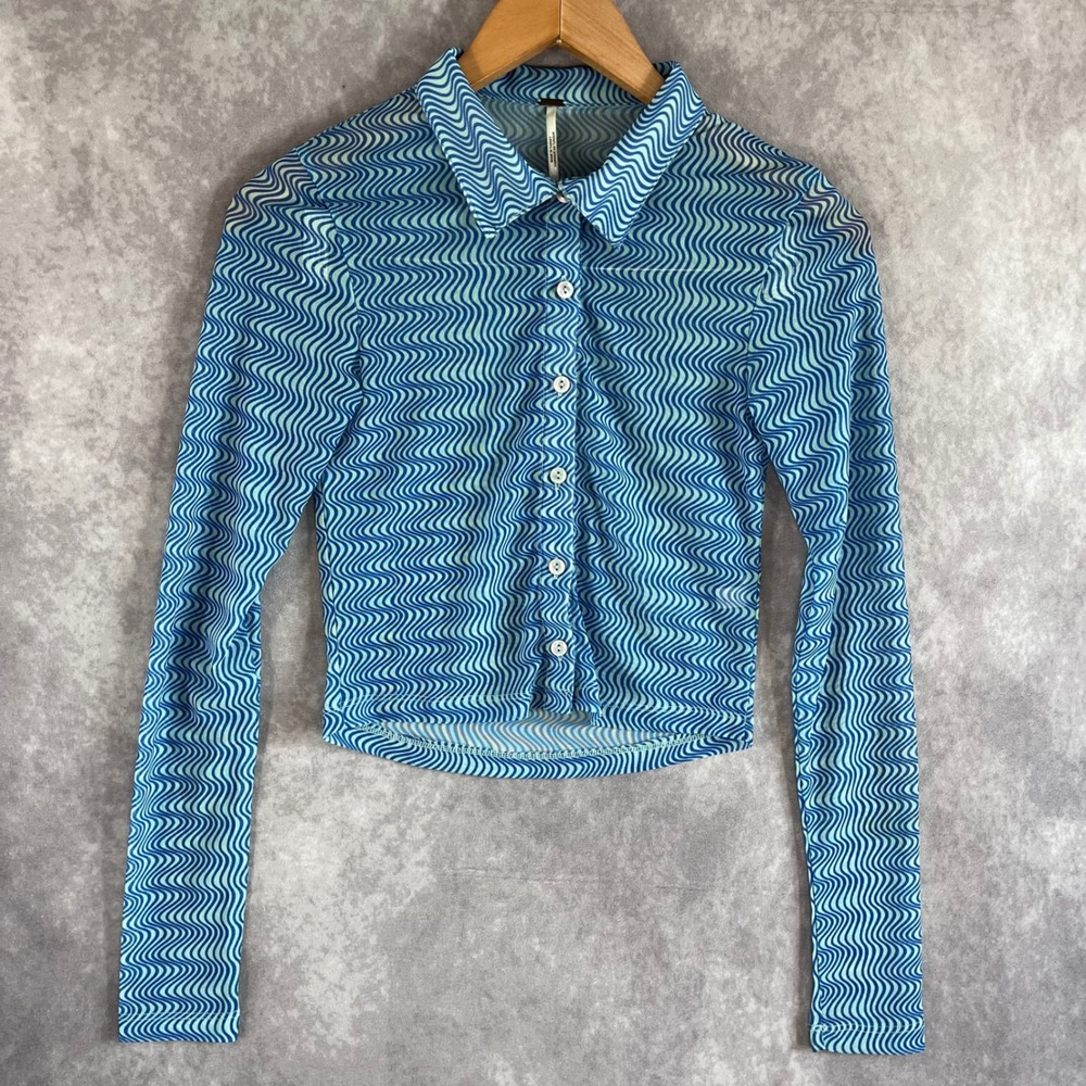 Free People Mesh Button Down Top Women XS Blue Wavy Psychedelic Crop Mesh Blouse